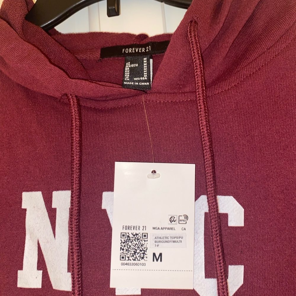 Forever 21 NYC Cropped Hoodie, Size M, Color: Maroon, Black & White - Picture 3 of 8